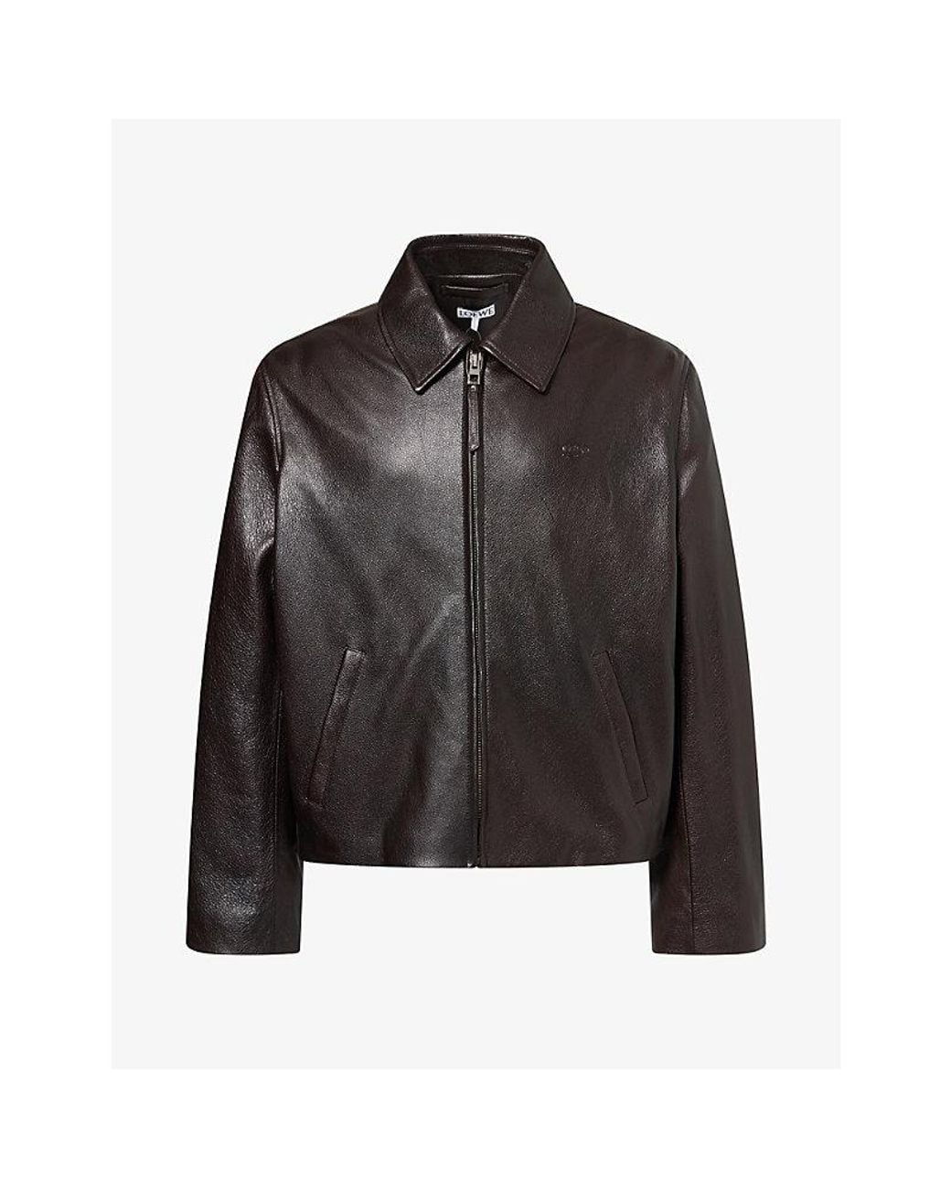 Loewe Black Debossed-Logo Classic-Collar Leather Jacket for men