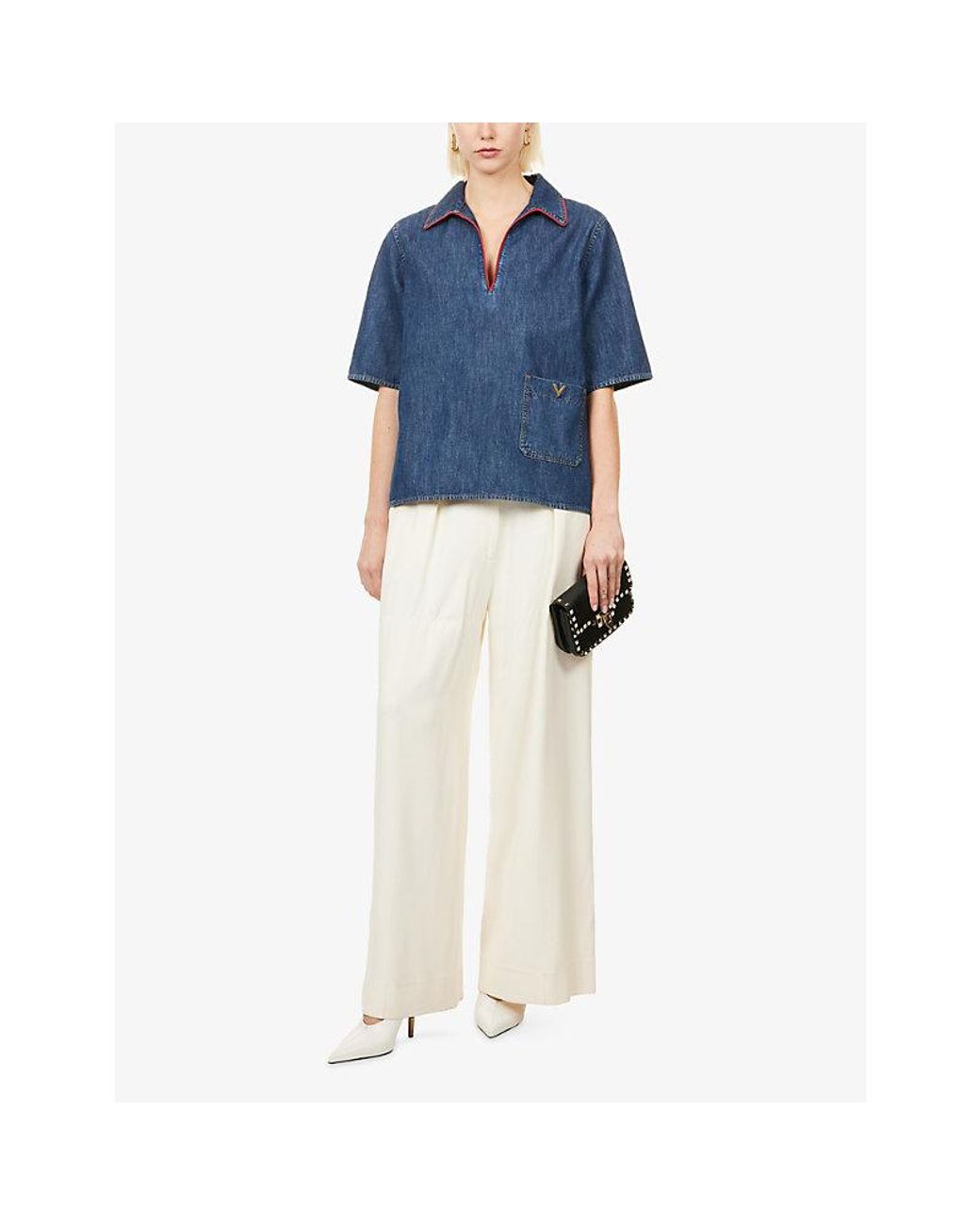 Valentino Blue Camicia V-Logo Mini Denim Dress