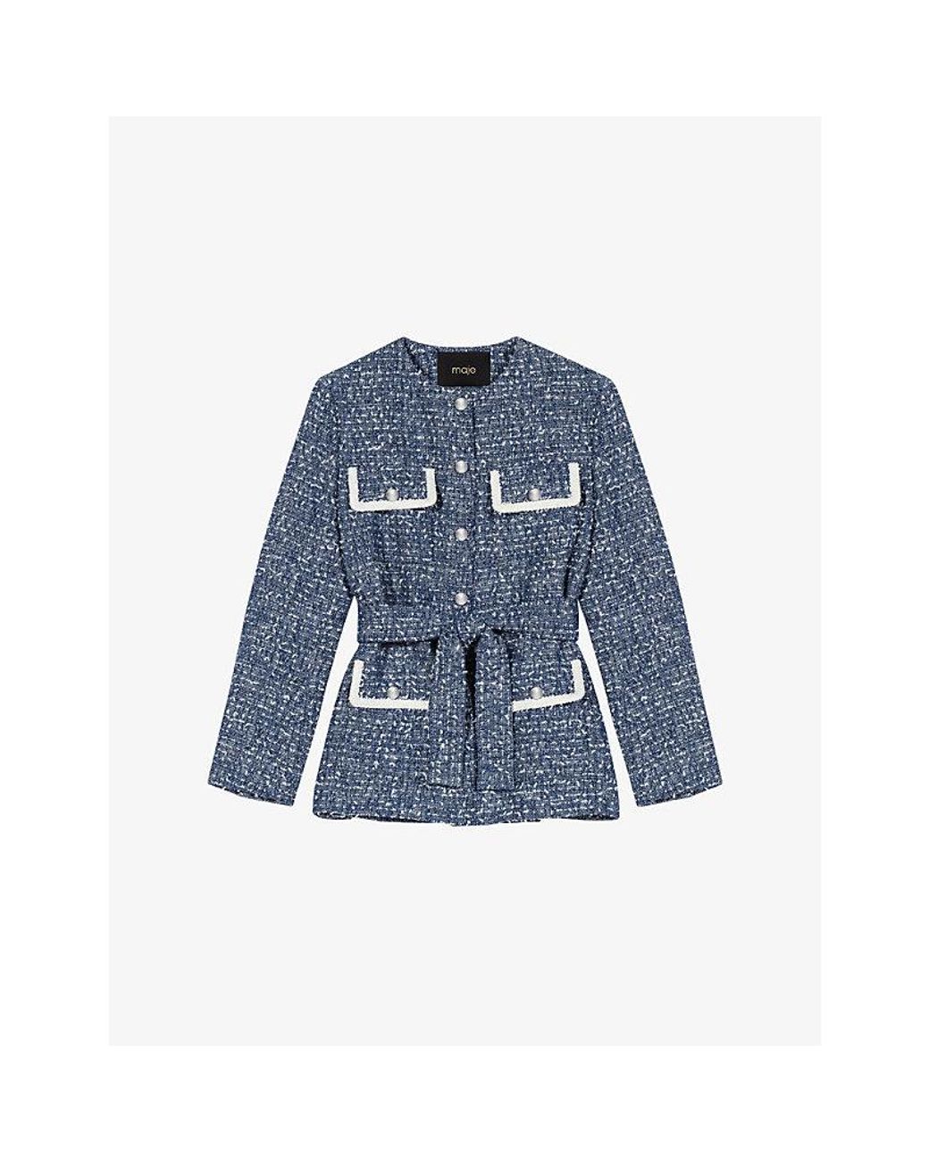 Maje Blue Four-Pocket Belted Tweed Jacket