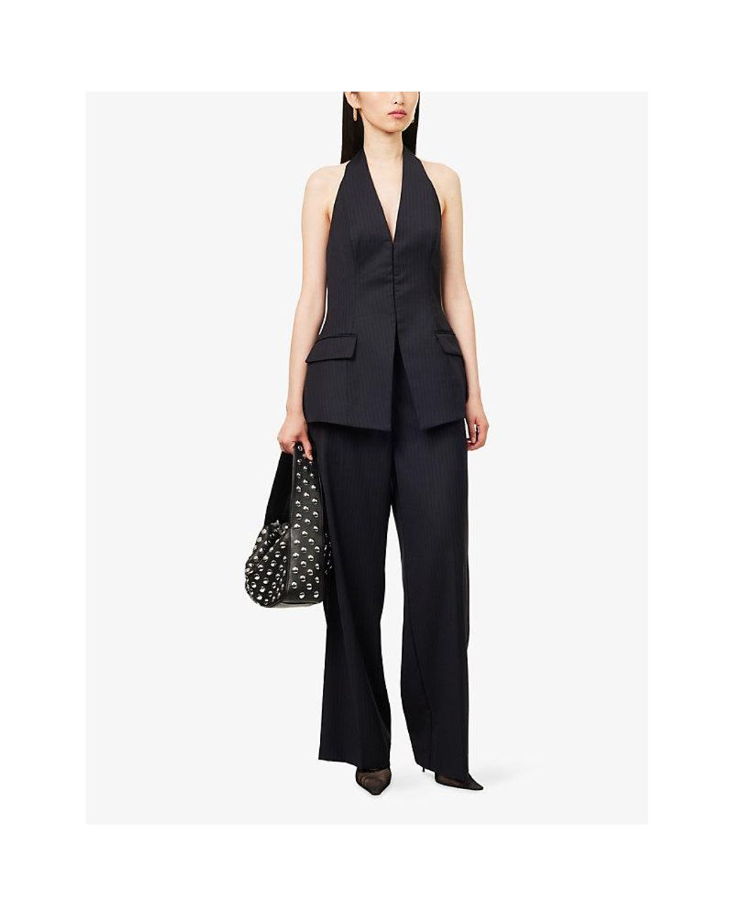 Camilla & Marc Blue Orban Halterneck Pinstripe Wool-Blend Top