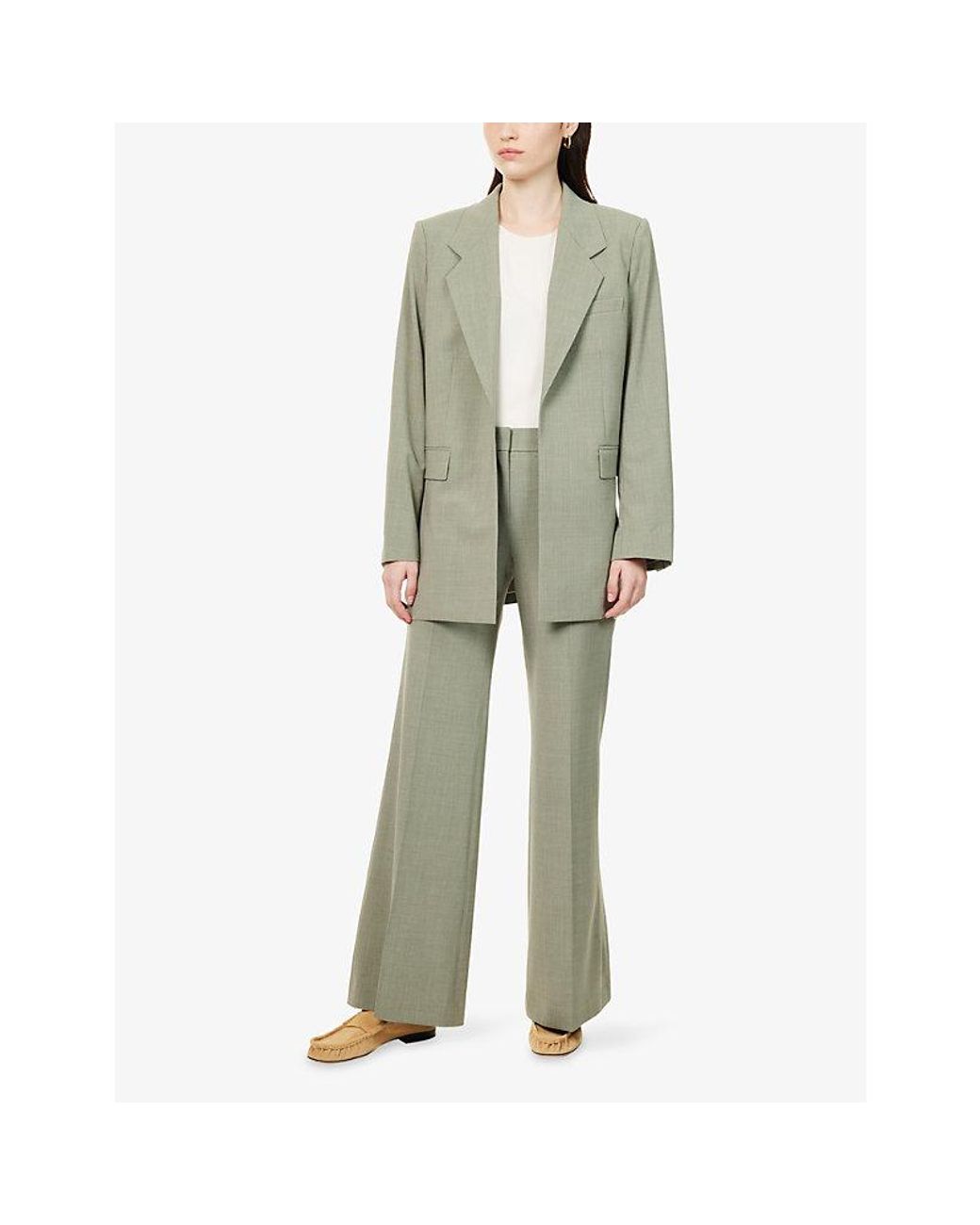 Theory Green Fluid Flare Wide-Leg Wool Trousers