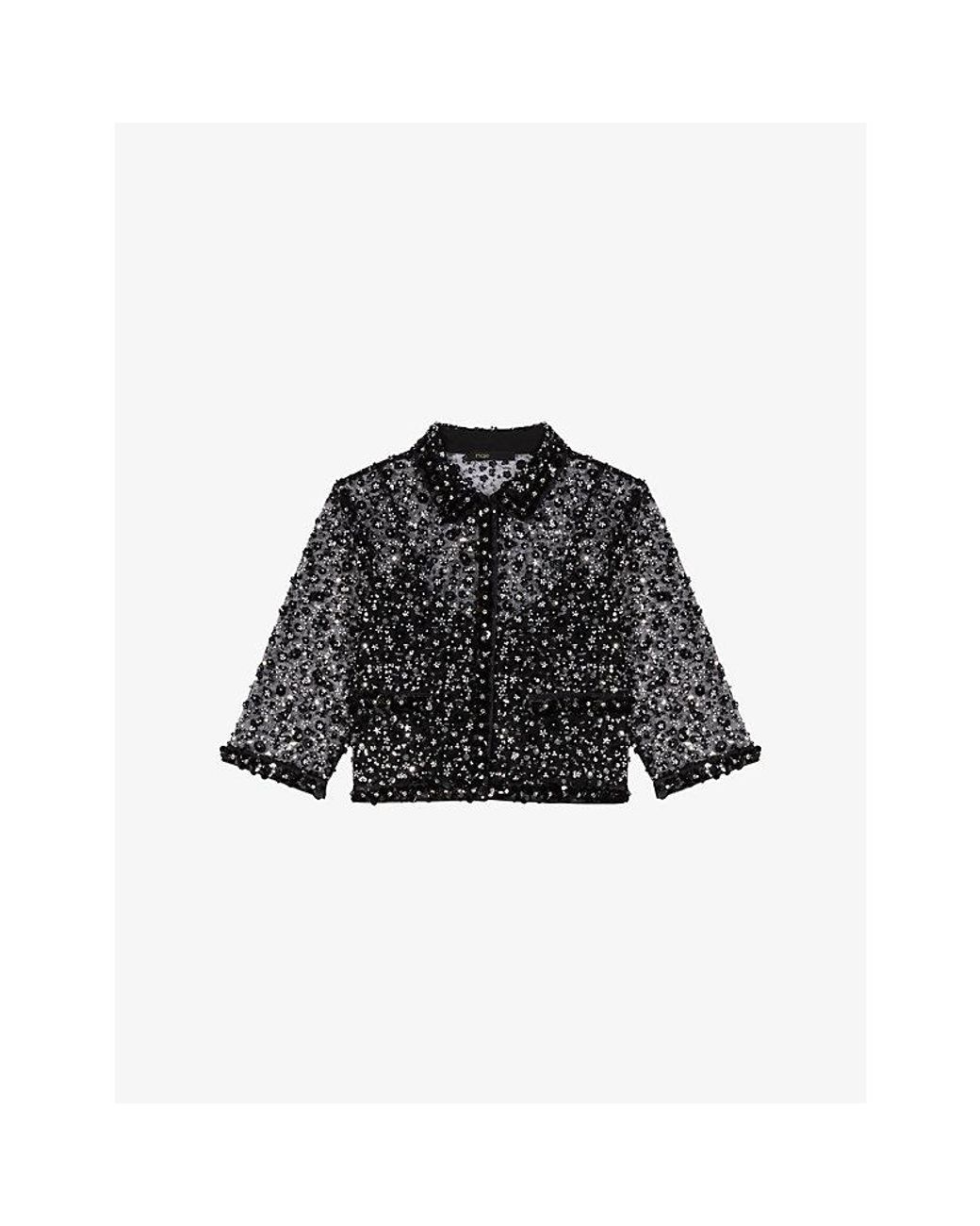 Maje Black Relaxed-Fit Sequin-Embellished Tulle Shirt
