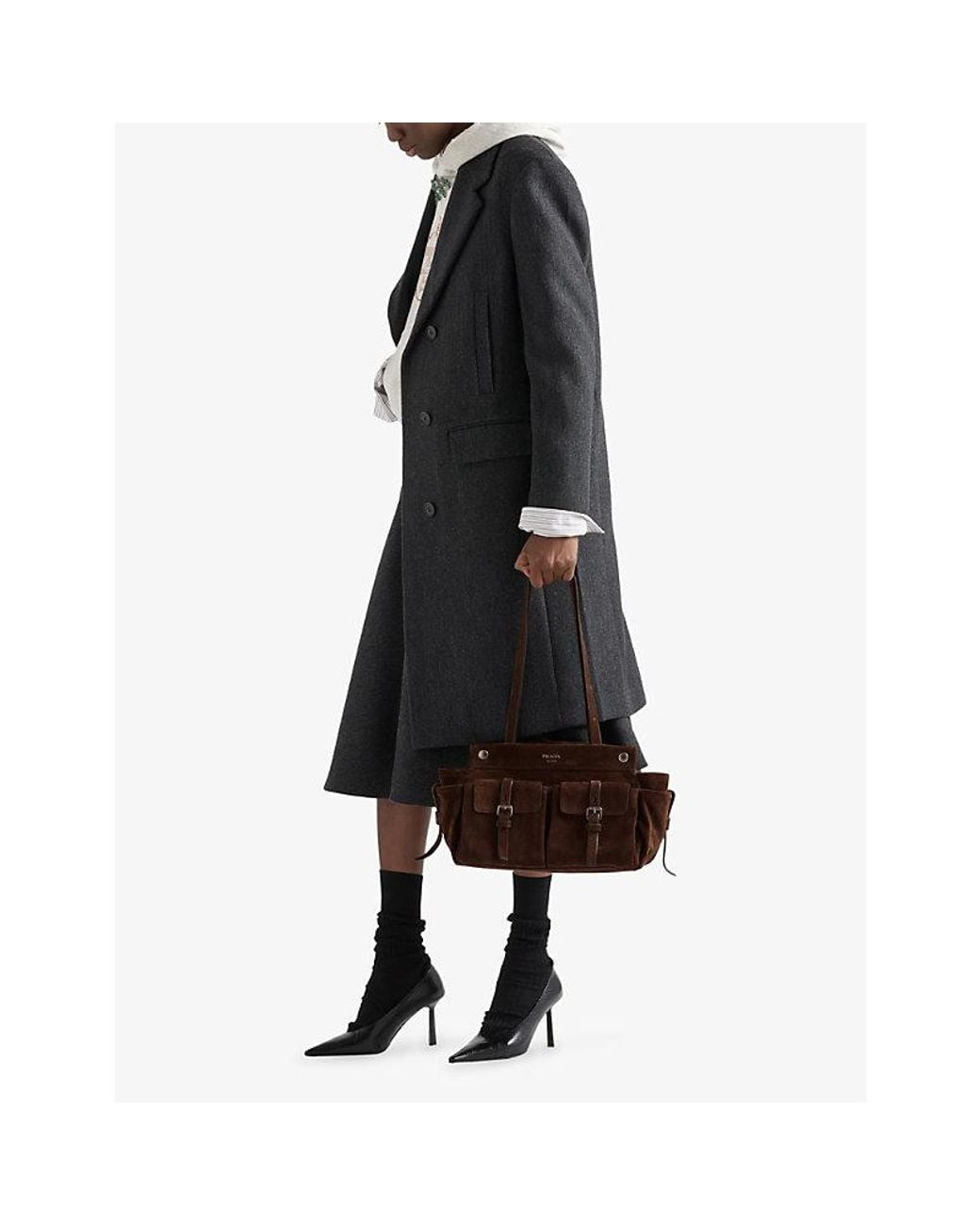 Prada Black Logo-Embellished Medium Suede Tote Bag