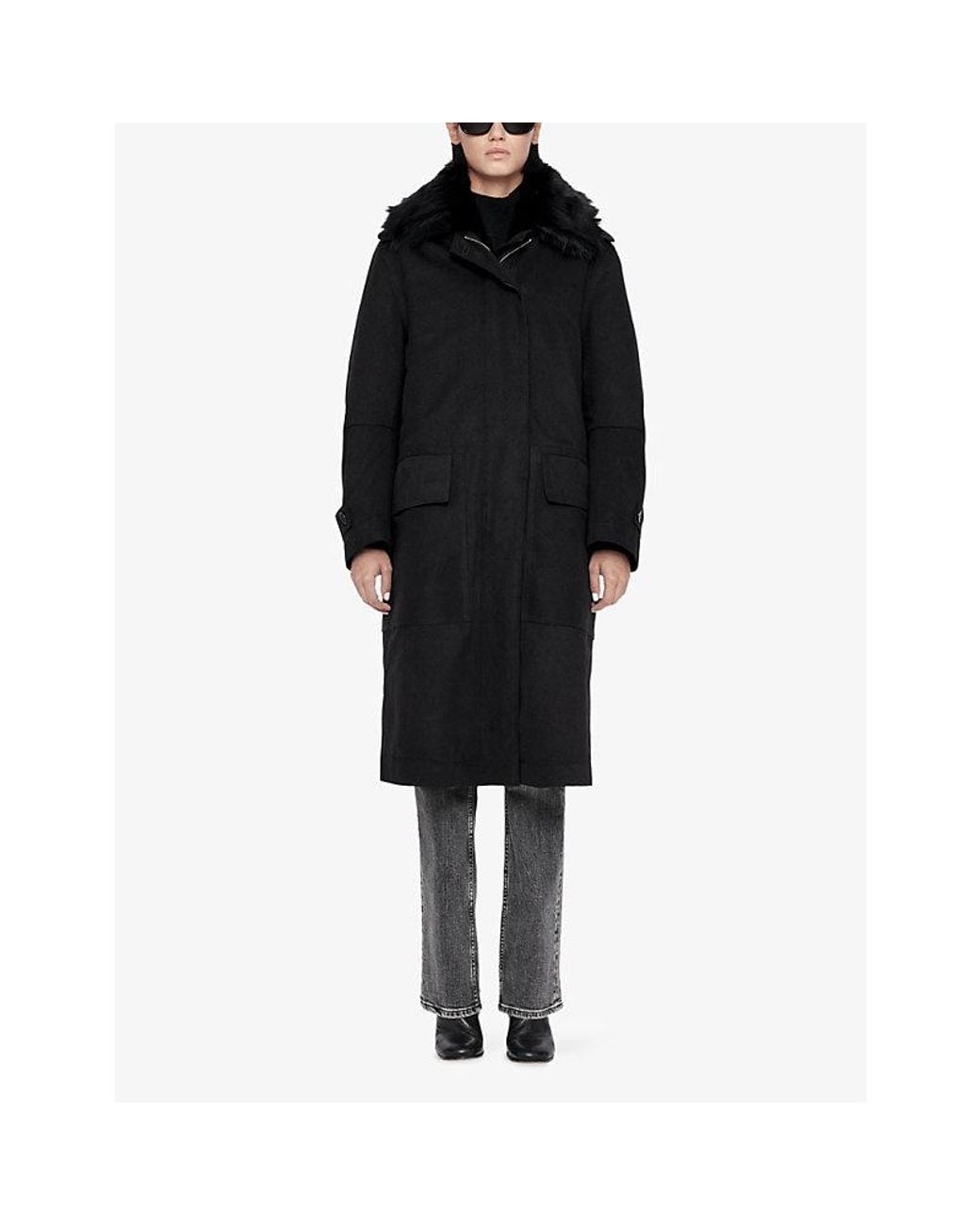 AllSaints Black Seyka Shearling-Collar Cotton-Gabardine Coat