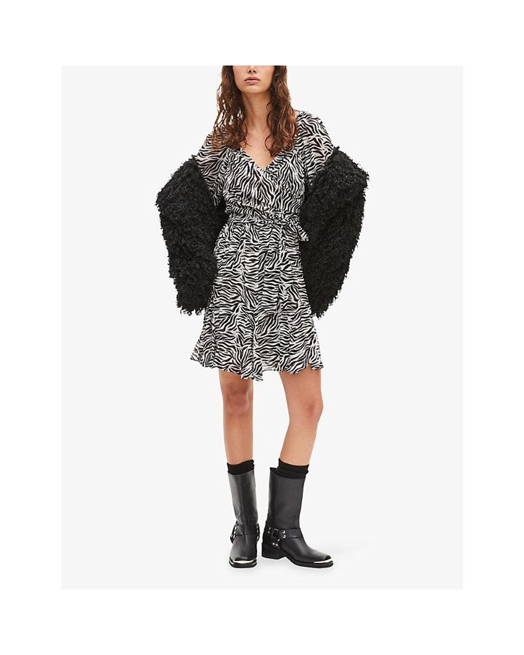 The Kooples Gray Graphic-Print Tie-Waist Woven Mini Dress