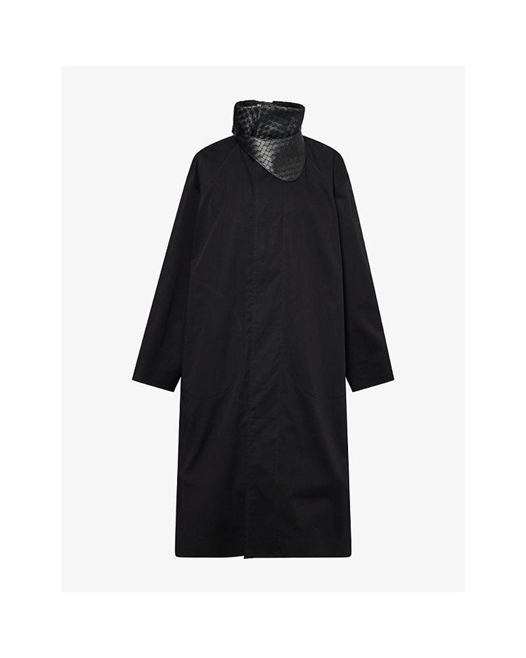 Bottega Veneta Black Intrecciato-Collar Cotton Trench Coat