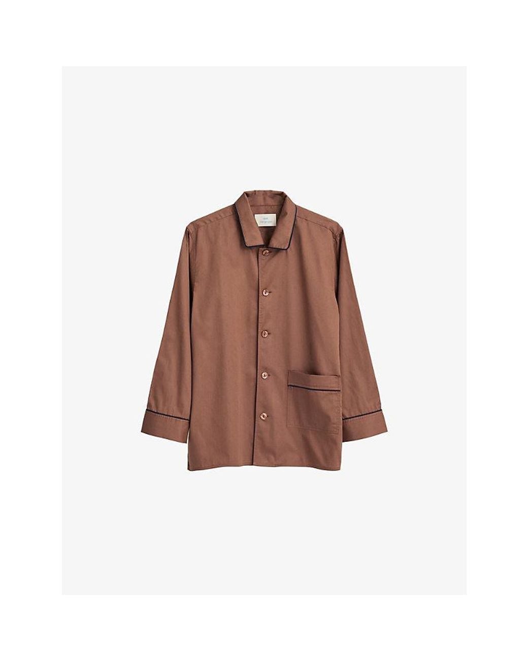 Hay Brown Outline Contrast-Piping Cotton Pyjama Shirt