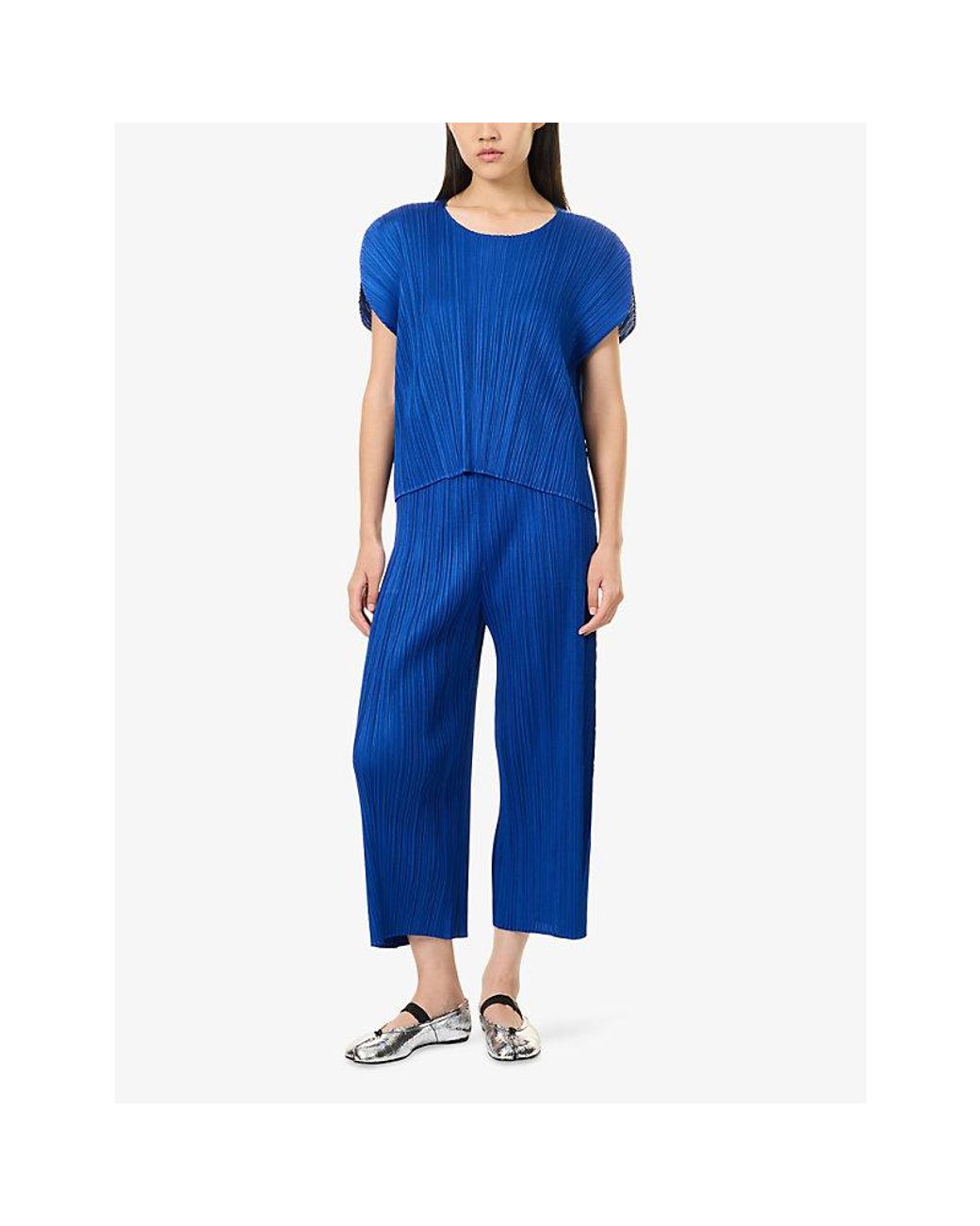Pleats Please Issey Miyake Blue Short-Sleeve Pleated Knitted Shirt