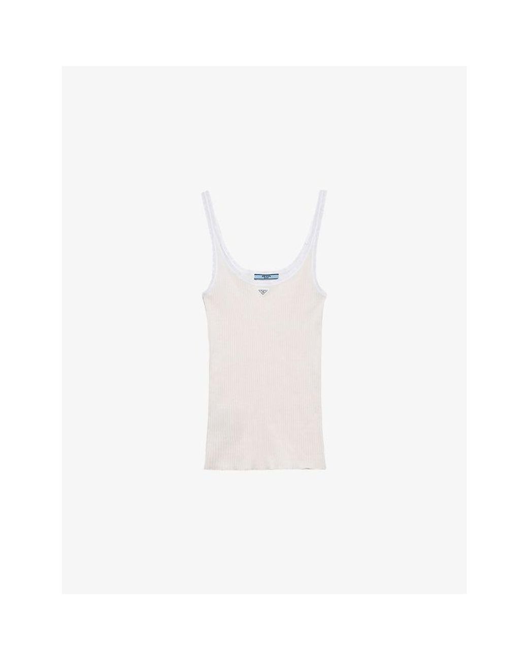 Prada White Logo-Plaque Ribbed Cotton Tank Top