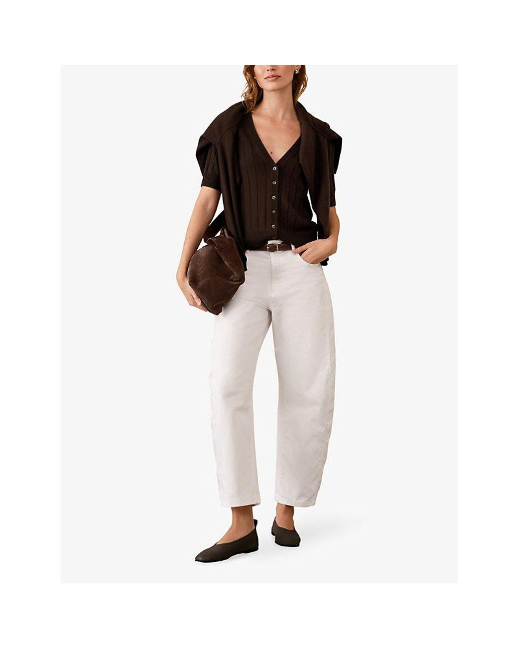 The White Company Black Short Sleeve Ribbed Wool-Blend Cardigan