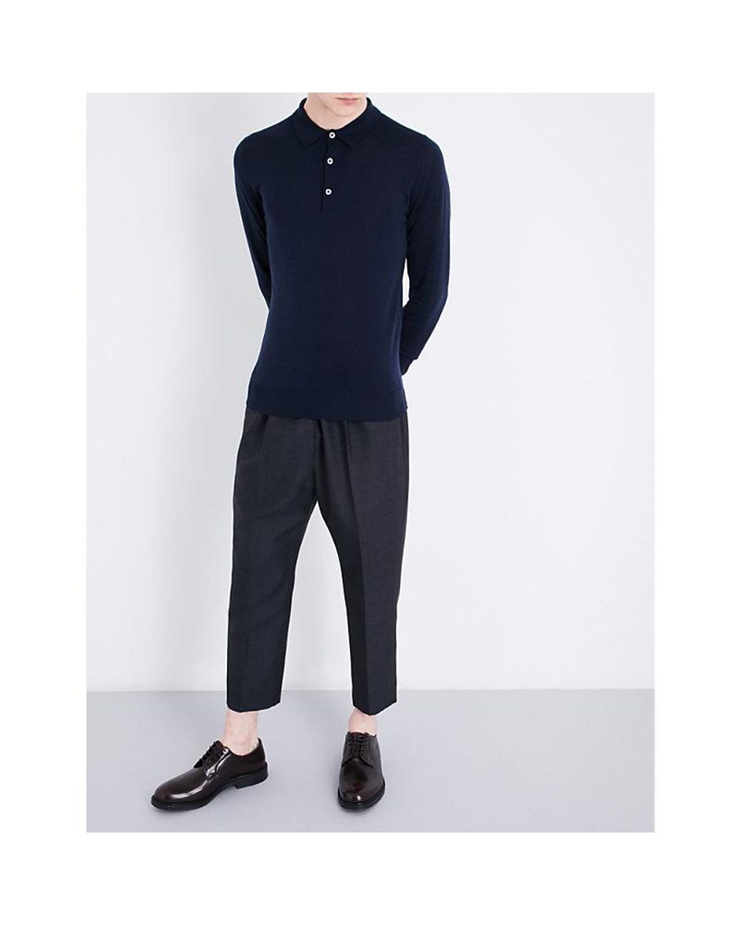 John Smedley Blue Belper Knitted Polo Jumper for men