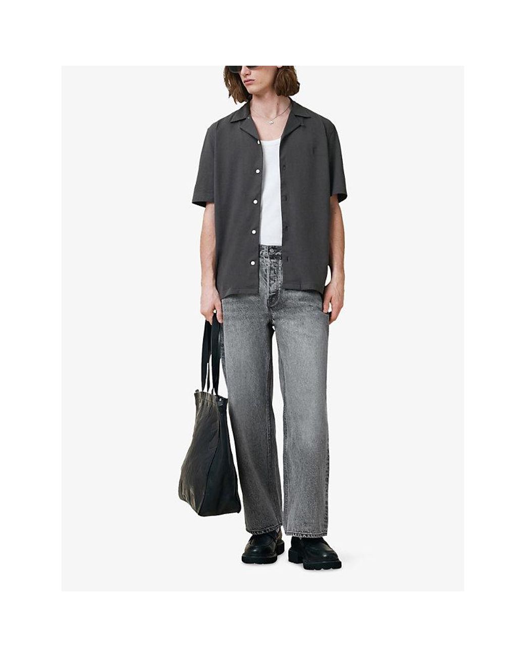 AllSaints Black Hudson Logo-Embroidered Relaxed-Fit Cotton Shirt for men