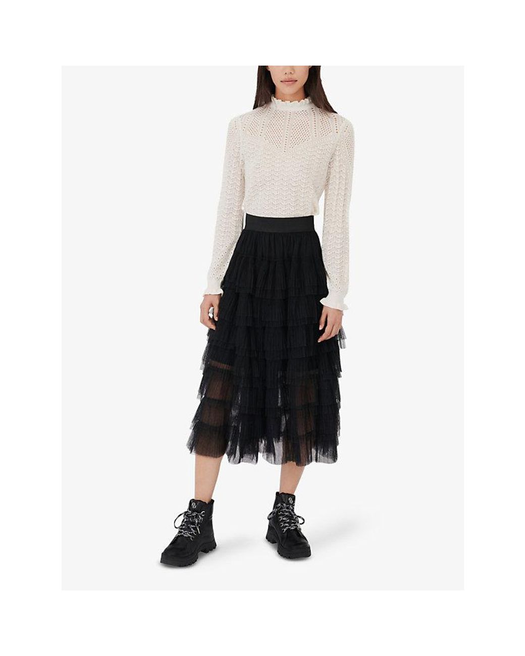 Maje Black Josepha Ruffle-Tiered Tulle Midi Skirt