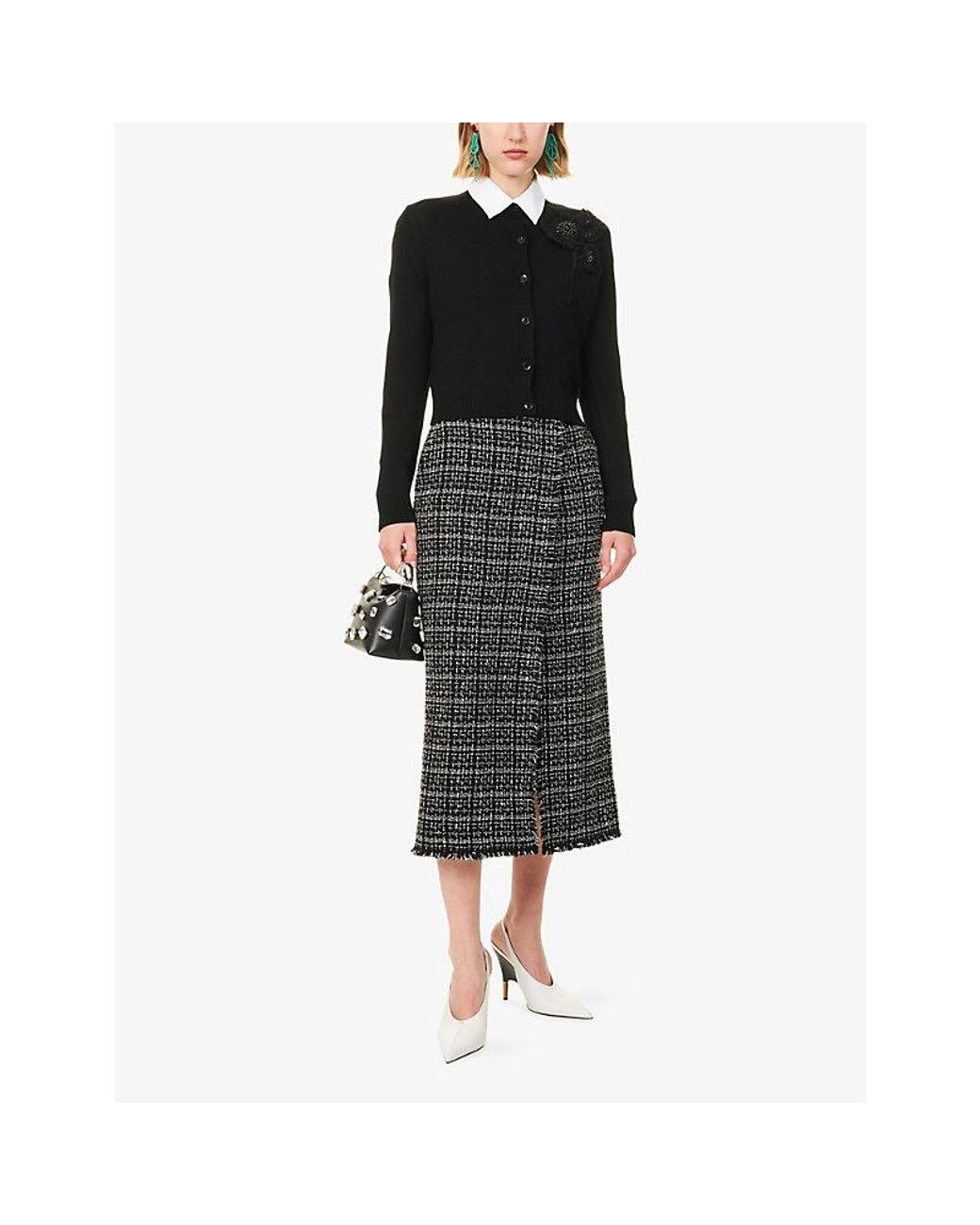 Erdem Black Floral-Embellished Merino Wool Cardigan
