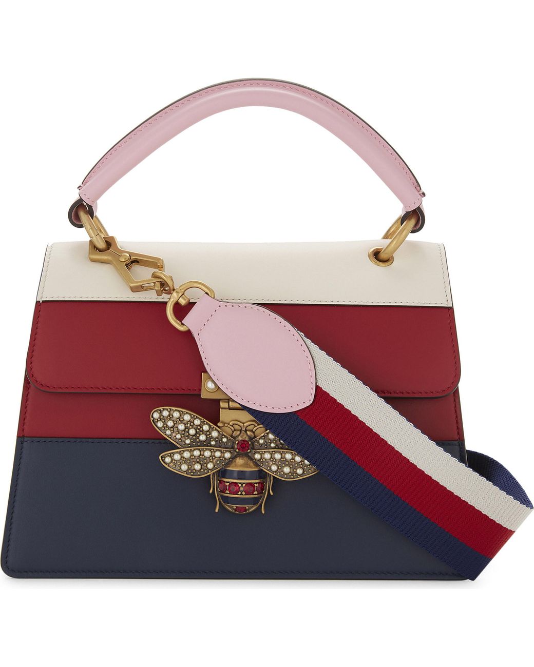 Gucci Bee Clasp Striped Leather Shoulder Bag in Red