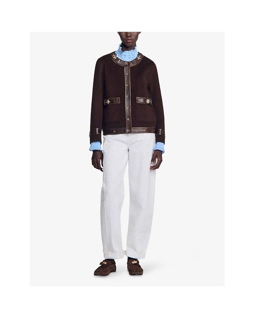 Sandro Black Buckle-Embellished Leather-Trim Wool-Blend Jacket