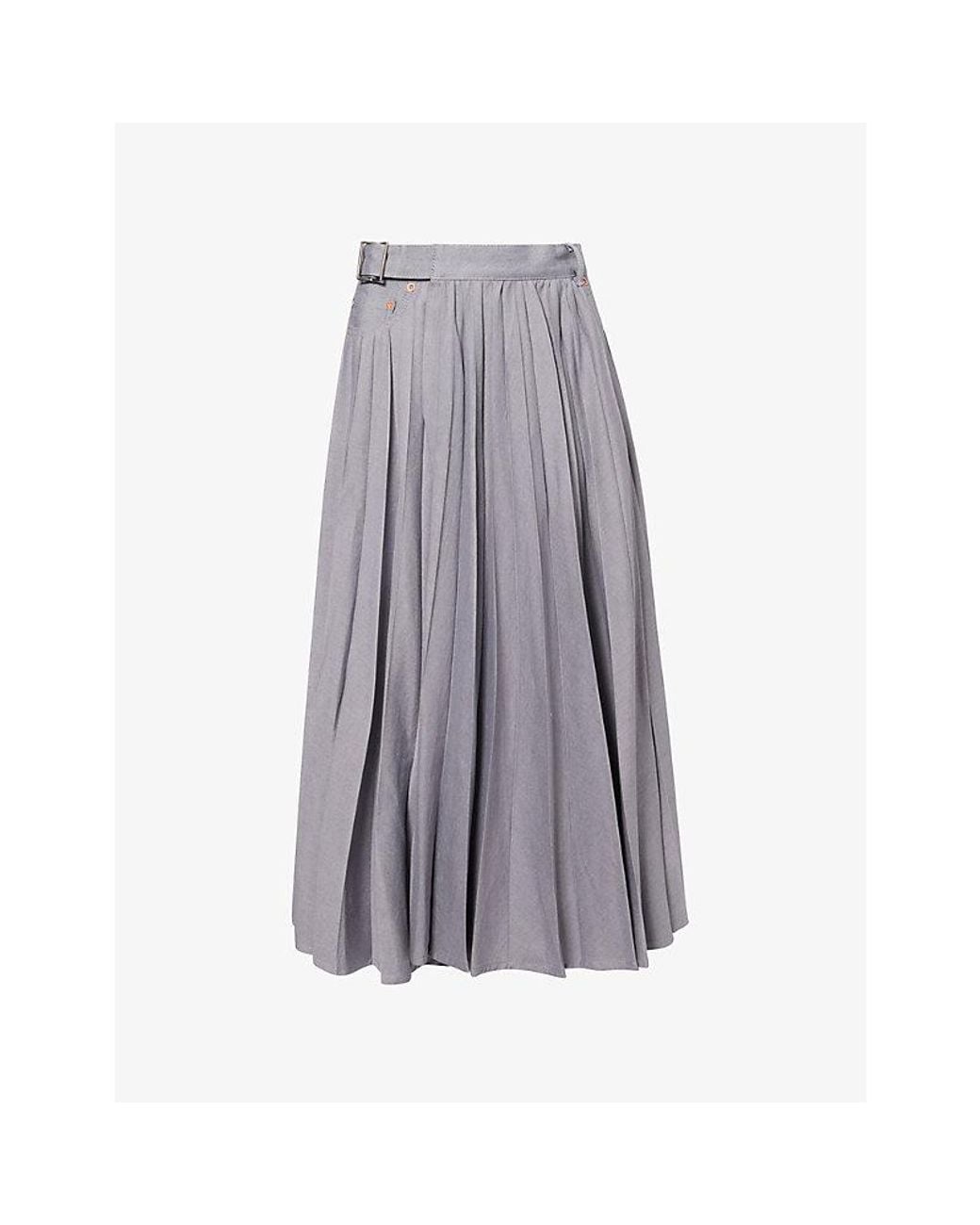 Sacai Gray Pleated Contrast-Denim Cotton Midi Skirt