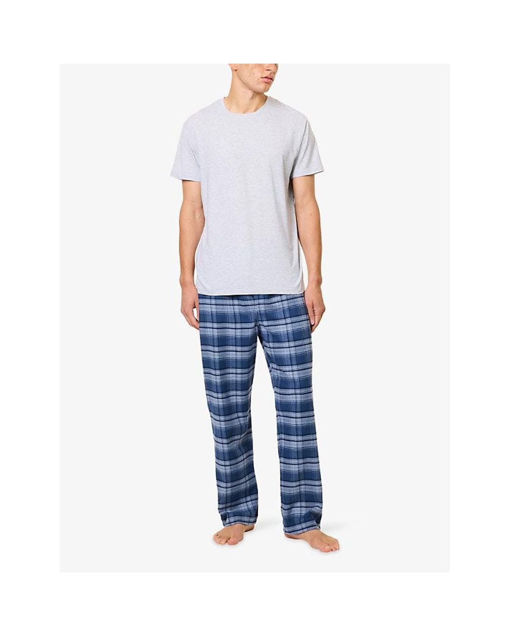 Derek Rose Blue Kelburn Check Brushed Cotton Lounge Trousers for men