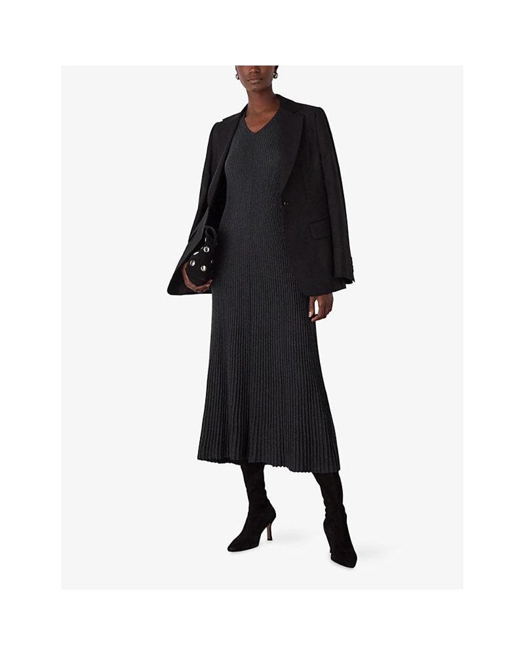 Whistles Black Ribbed Cotton And Cashmere Midi Dress