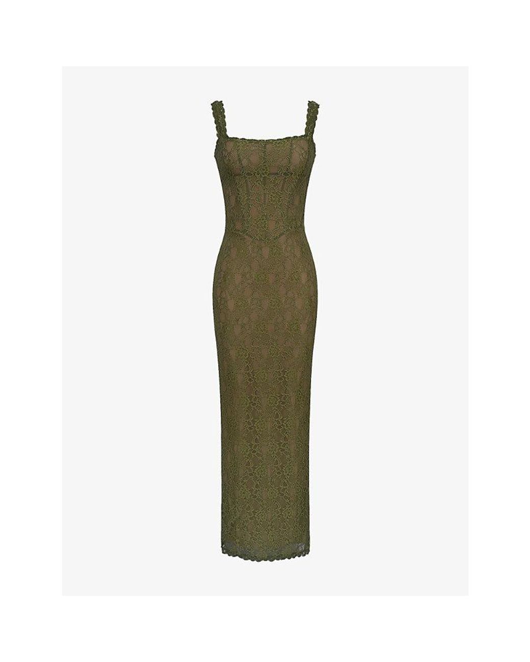 House Of Cb Green Aureliana Lace Scallop-Trim Woven Maxi Dress