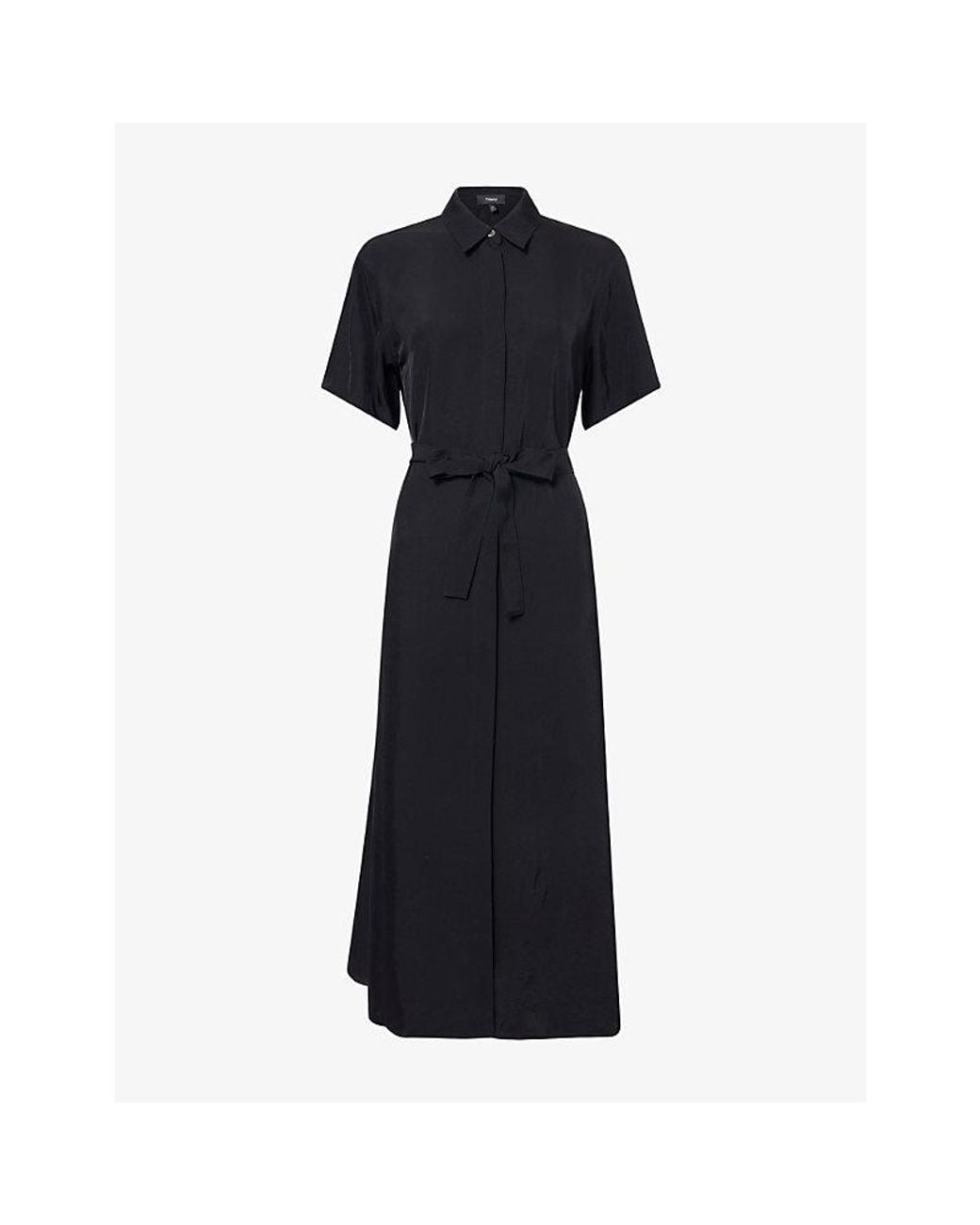 Theory Black Belted A-Line Woven Midi Shirt Dress