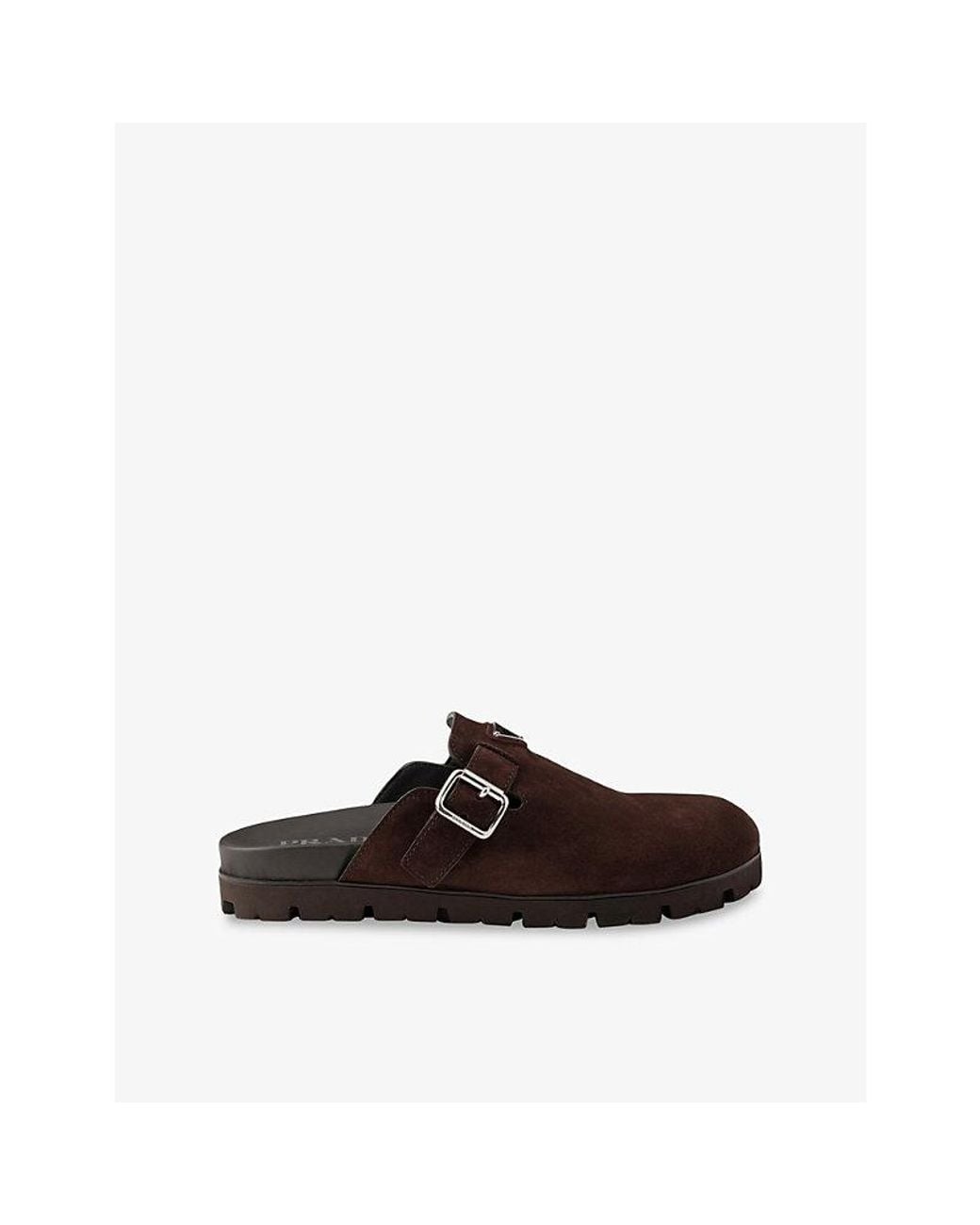 Prada Brown Logo-Plaque Suede Mules for men