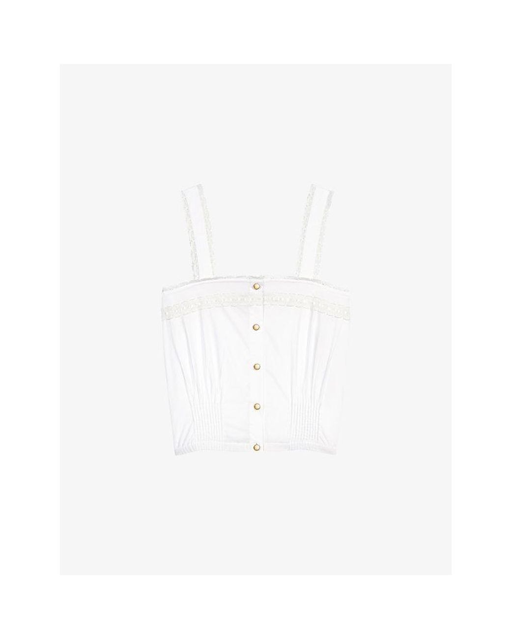 Maje White Cropped Lace-Trim Cotton Top