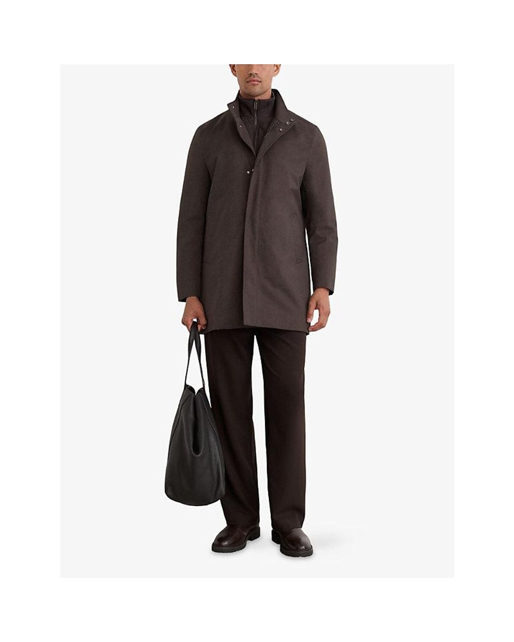 Reiss Black Funnel-Neck Gabardine Coat for men