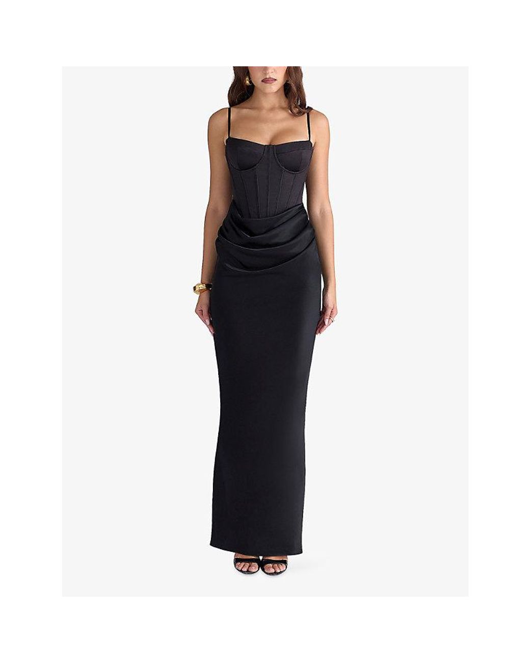 House Of Cb Black Valentina Draped Corset Satin Maxi Dress Xs (A-C Cup)