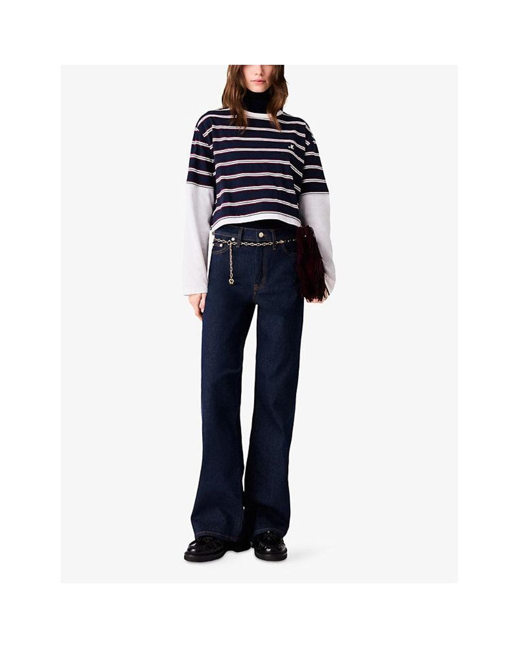 Maje Blue Striped Layered-Effect Cotton-Blend T-Shirt
