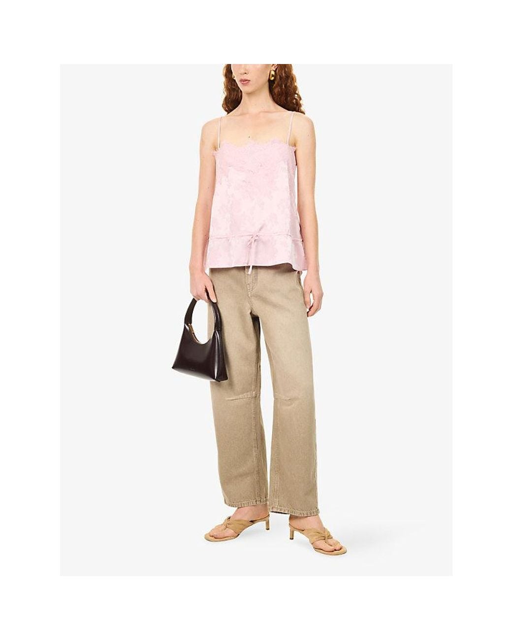 Reformation Pink Silvia Scalloped-Neck Satin Top
