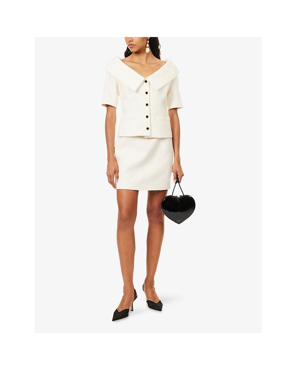 Alessandra Rich White Tweed Boucle Off-Shoulder Cotton Jacket