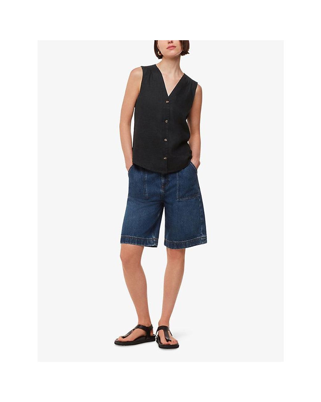 Whistles Black Laura V-Neck Relaxed-Fit Linen Tank