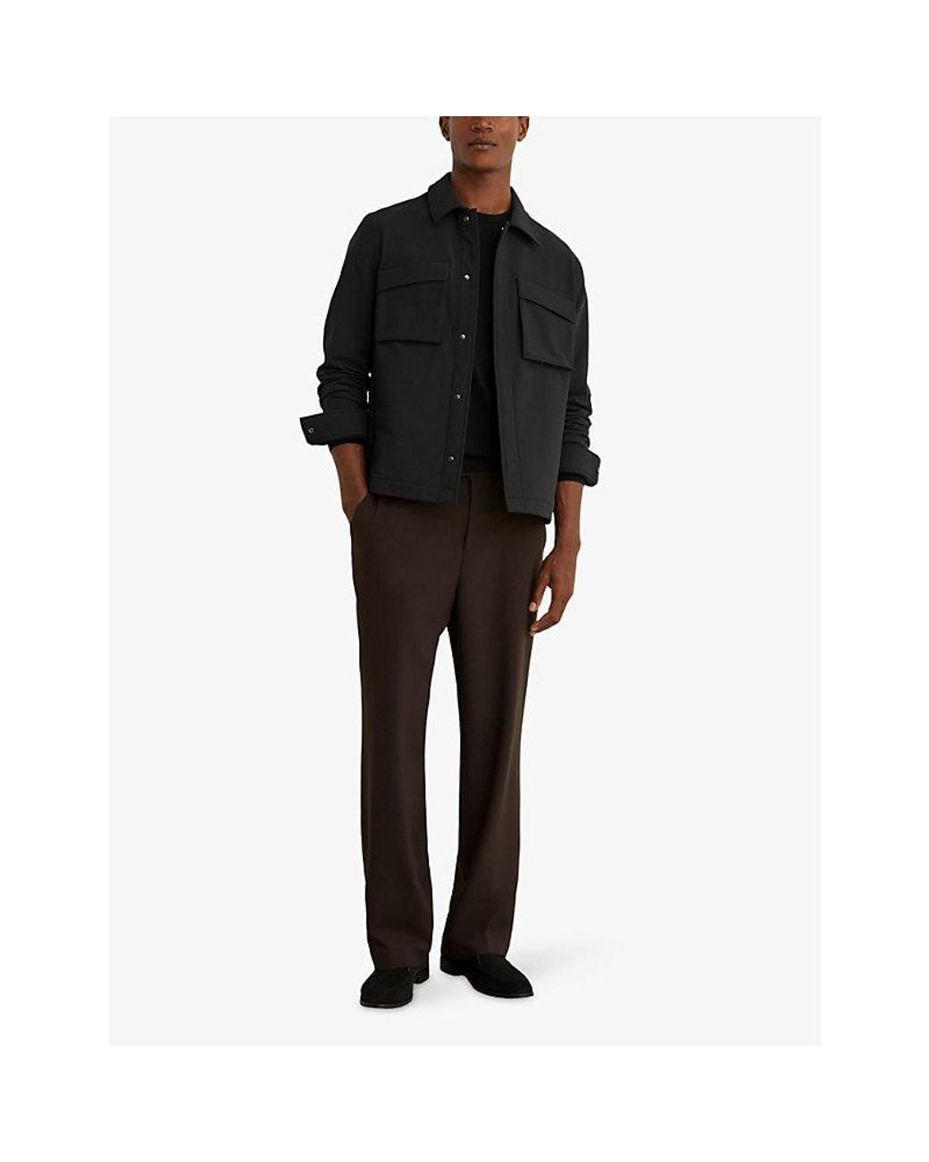 Reiss Black Divide Patch-Pocket Button-Up Stretch-Woven Overshirt for men