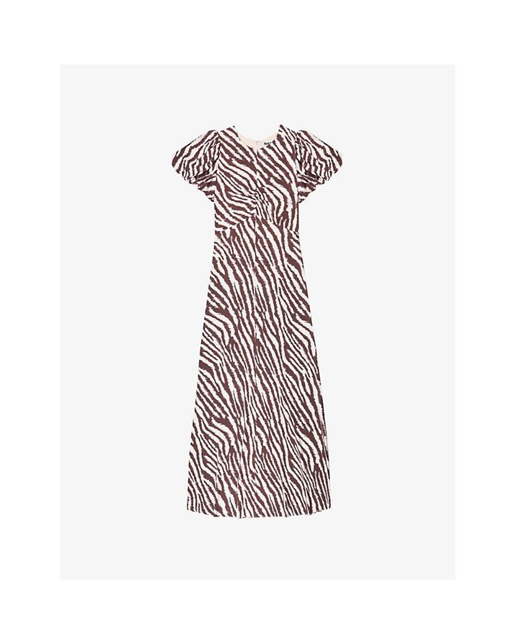 Ro&zo Zebra-Print Puff-Sleeve Woven Midi Dress in Brown