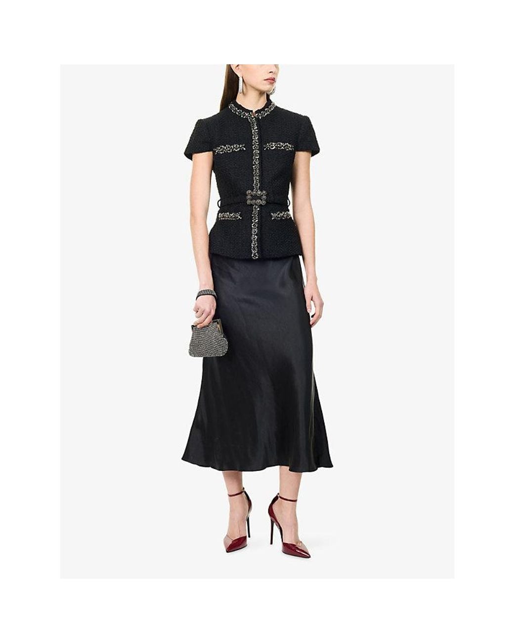 Self-Portrait Black Crystal-Trim Bouclé And Satin Midi Dress