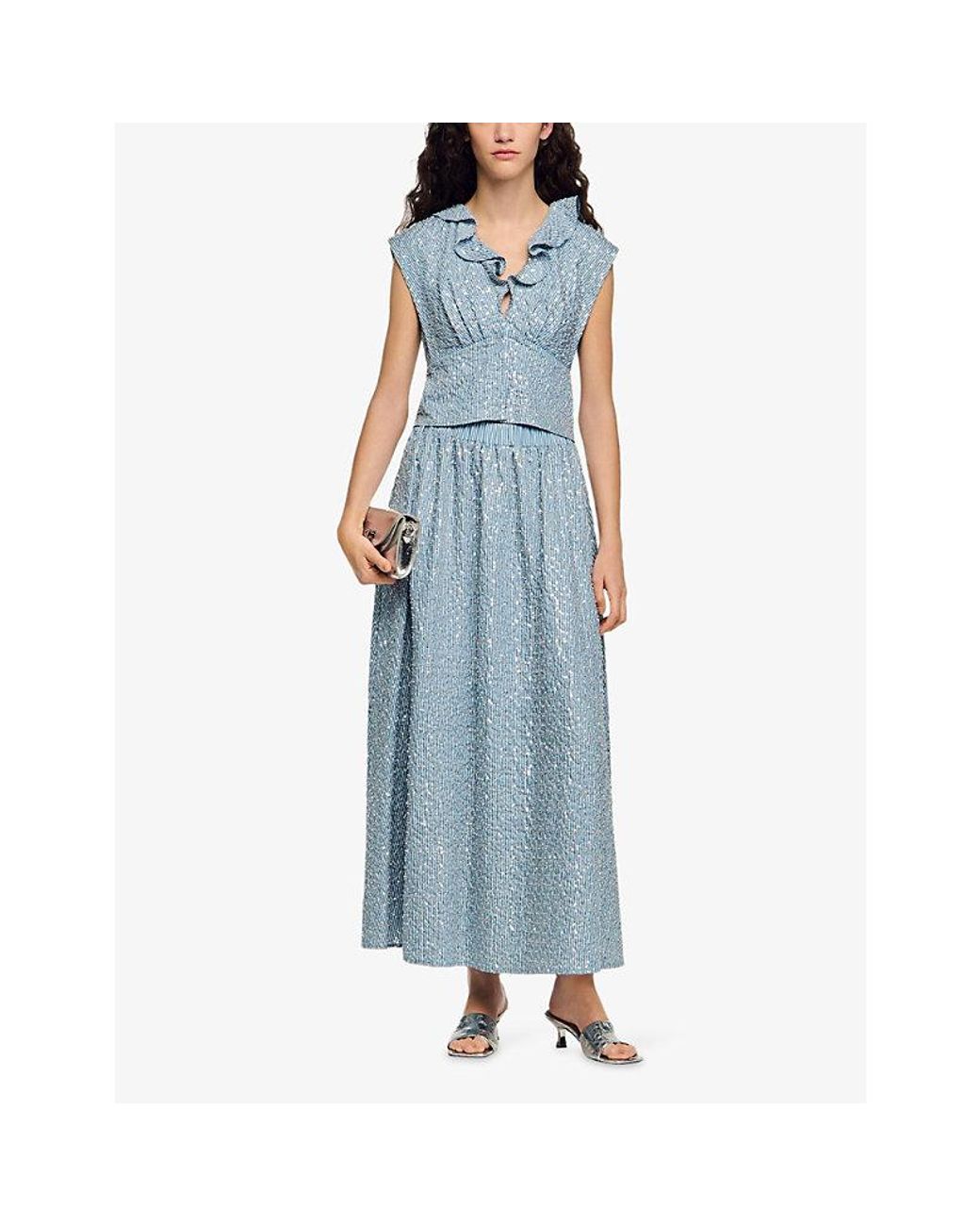 Sandro Blue Sequined Elasticated-Waist Woven Maxi Skirt