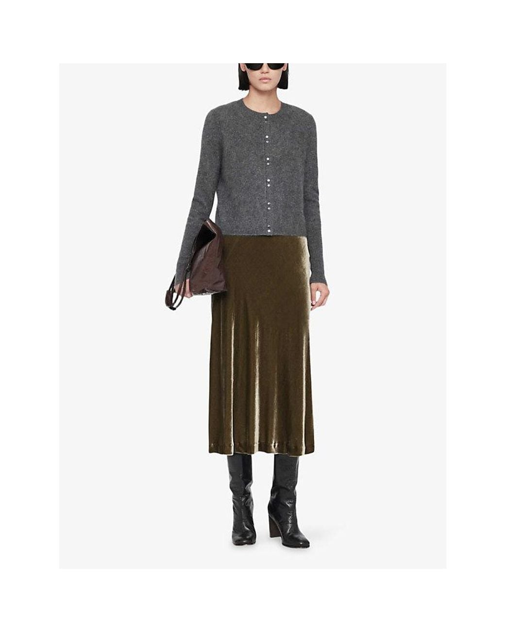 AllSaints Green Nalia Bias-Cut Silk-Blend Velvet Midi Skirt