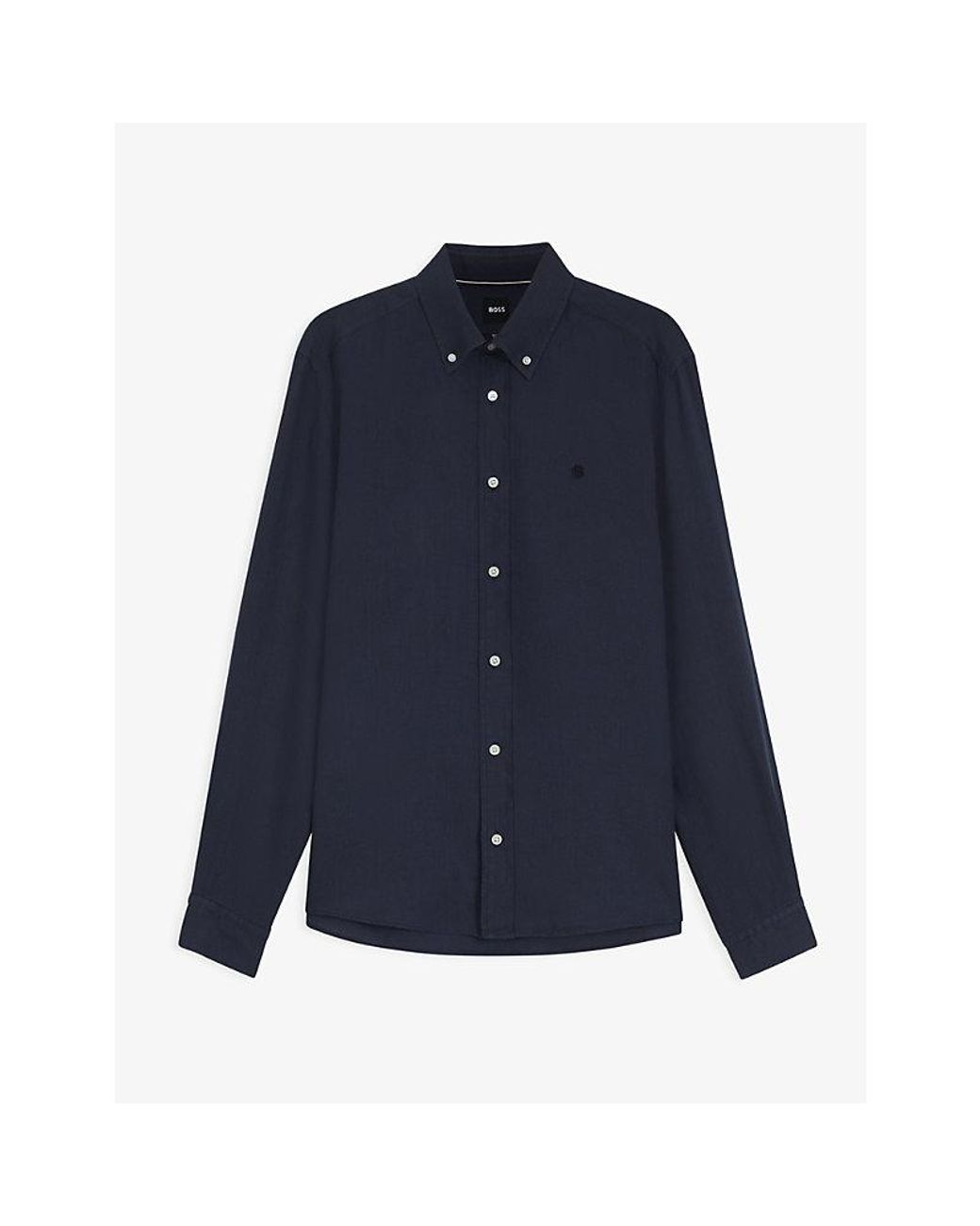 Boss Blue Brand-Embroidered Long-Sleeved Linen Shirt for men