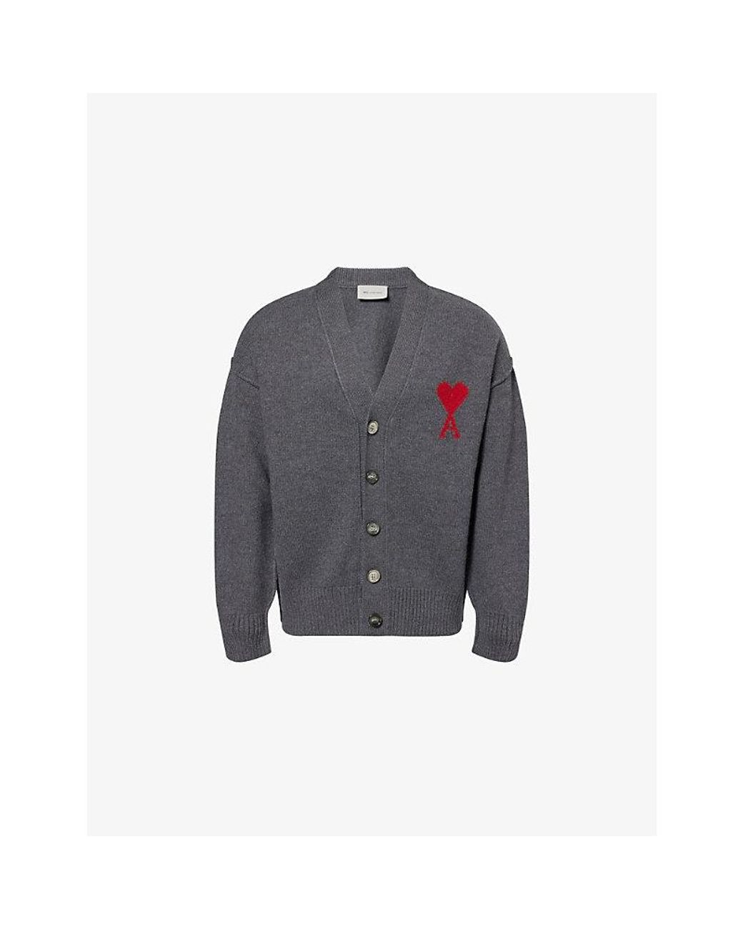 AMI Gray Adc Heart Knitted Wool Cardigan for men