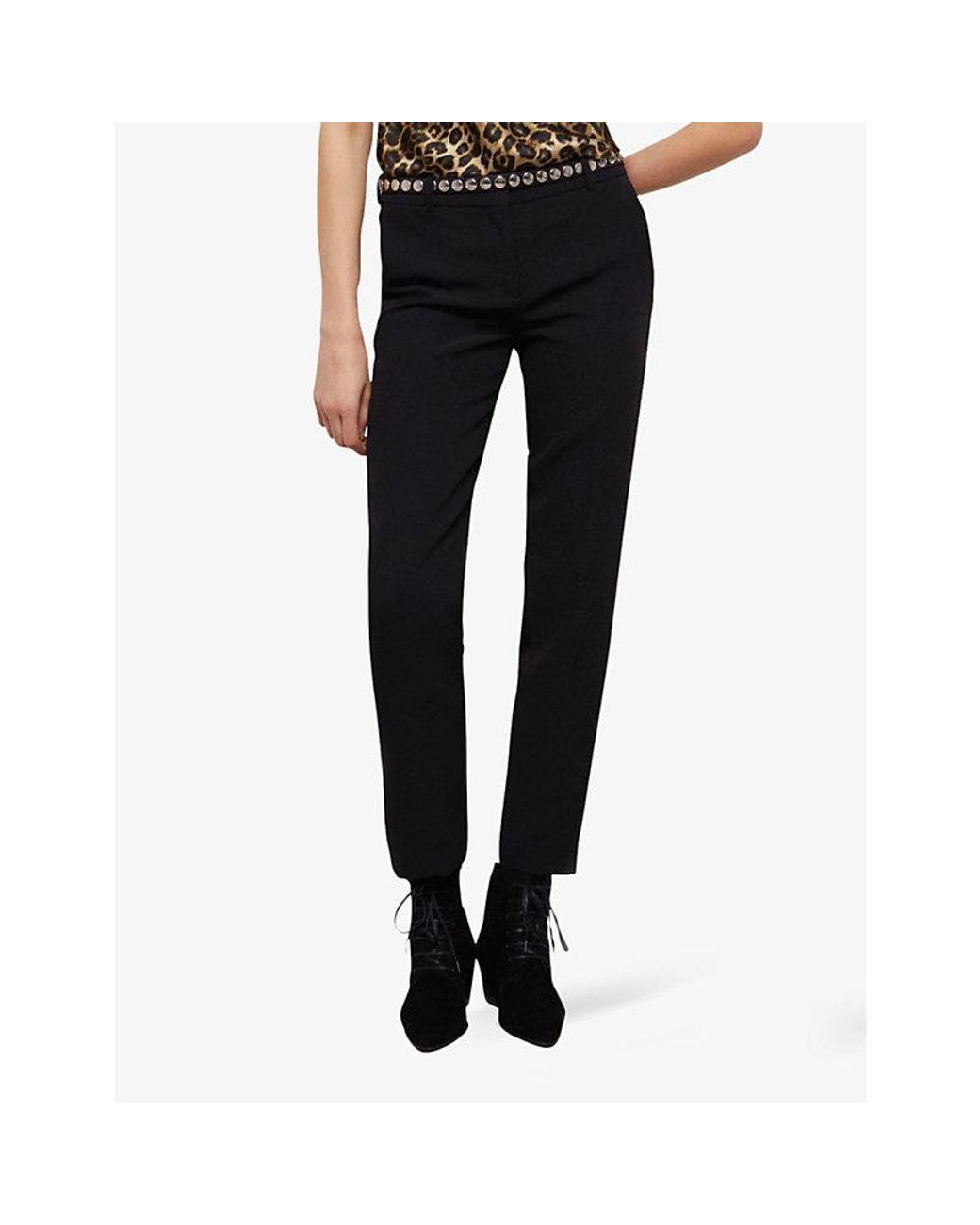The Kooples Black High-Rise Straight-Leg Stretch-Woven Trousers