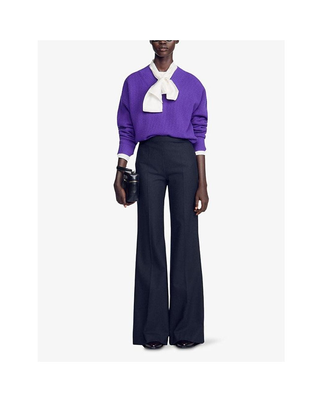 Sandro Blue Striped Flared-Leg High-Rise Wool-Blend Trousers