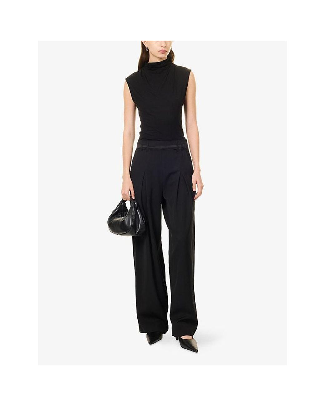 ME+EM Black High-Neck Draped Jersey Top