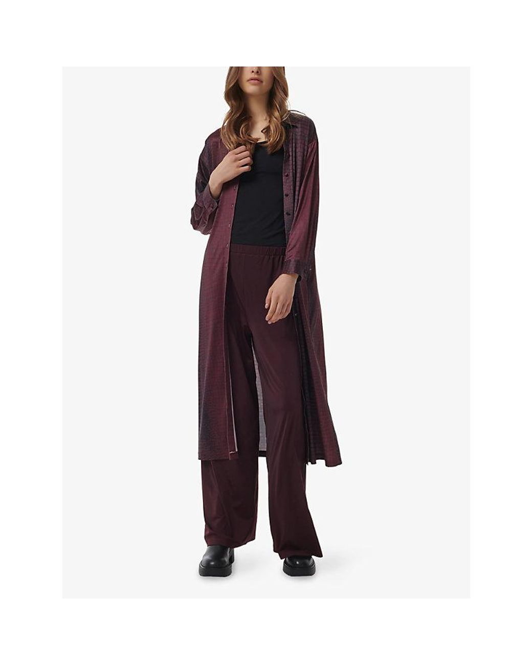 eem Purple Elasticated-Waistband Wide-Leg Mid-Rise Stretch-Jersey Trousers