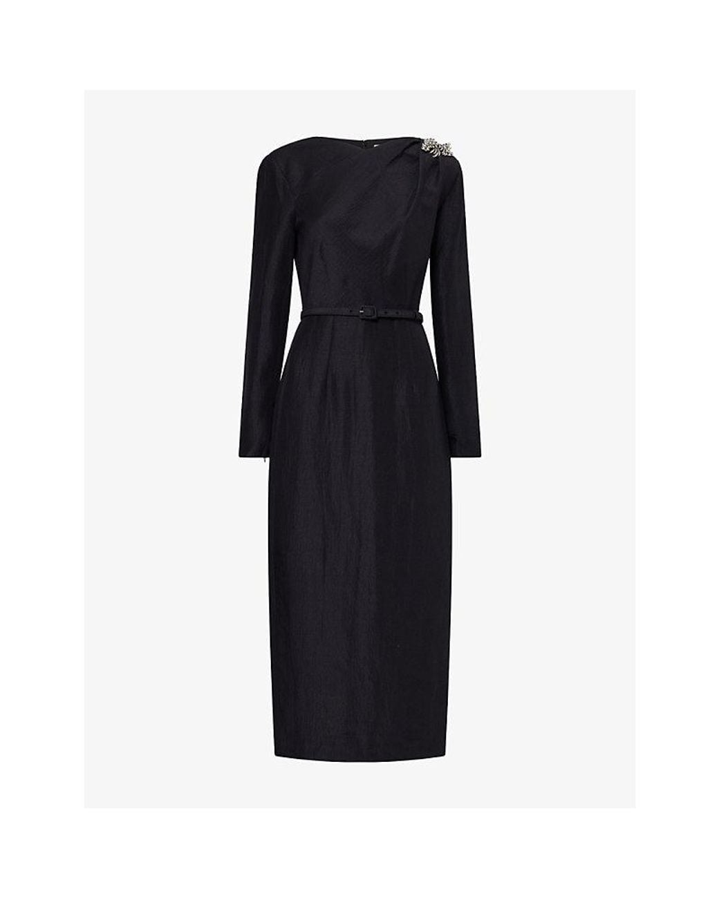 Roland Mouret Black Long-Sleeve Brooch Ramie-And-Silk Midi Dress