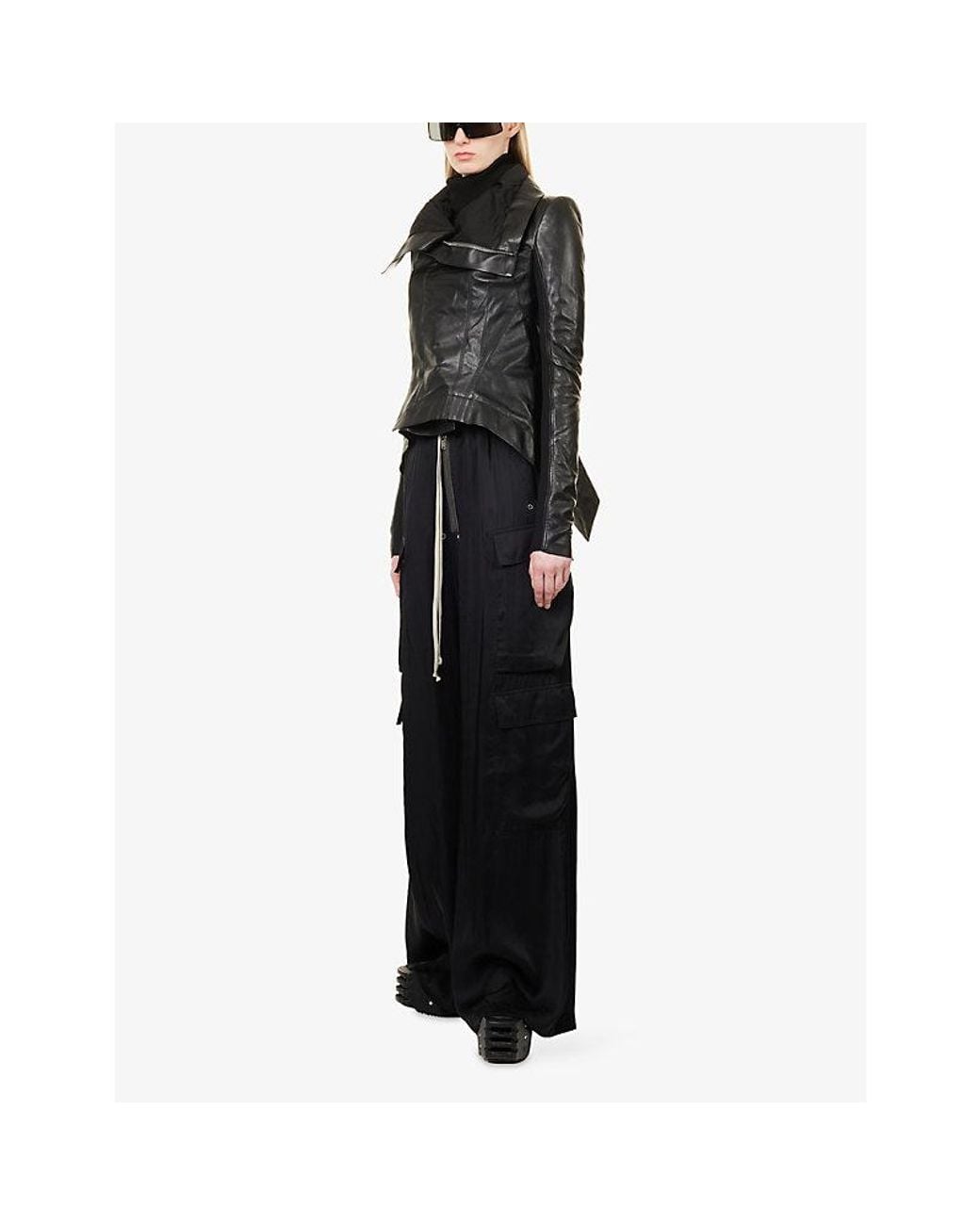 Rick Owens Black Naska Funnel-Neck Leather Biker Jacket