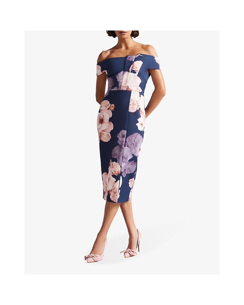 Ted Baker Lovez Floral-print Bardot Stretch-woven Midi Dress in Blue | Lyst