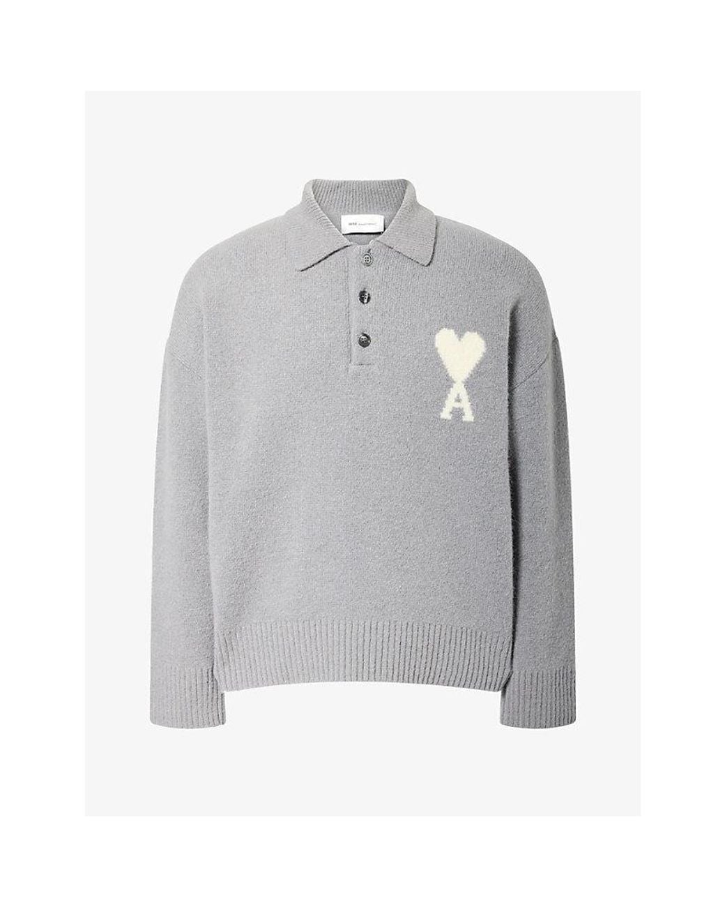 AMI Gray Boxy-Fit Alpaca Wool Knit Polo Jumper for men