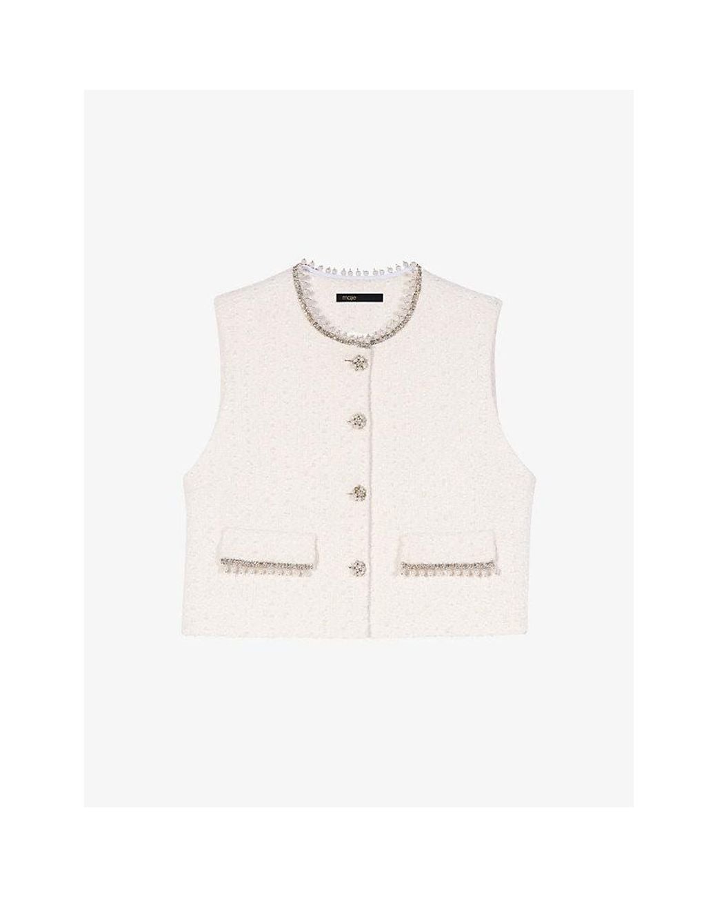 Maje White Sleeveless Bead-Embellished Tweed Jacket