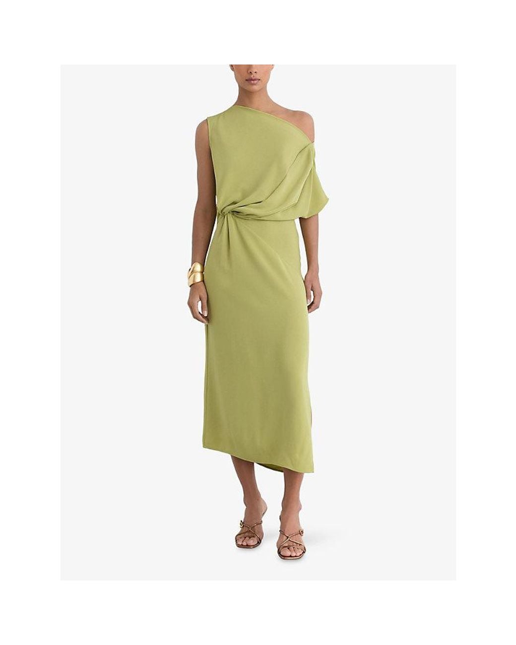 Reiss Green Beth Off-Shoulder Tuck Woven Midi Dress